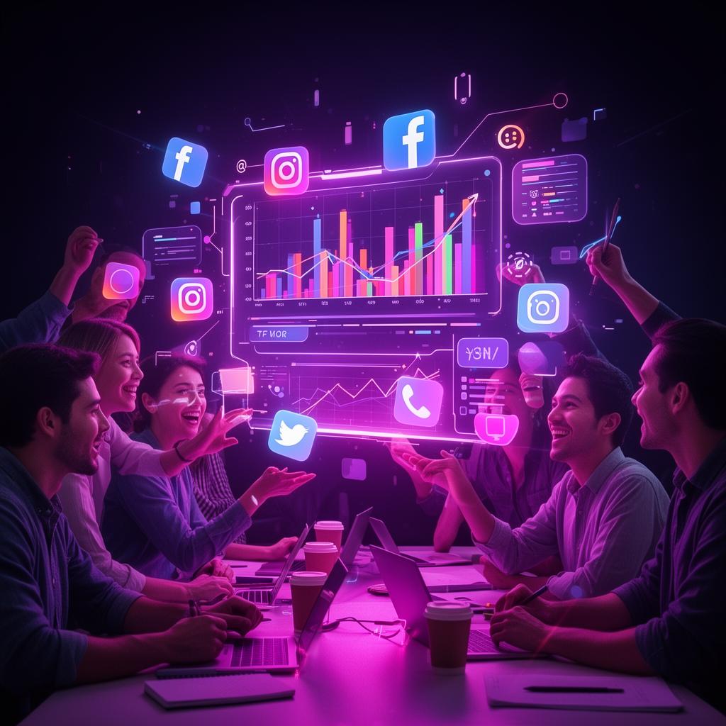 Equipe criativa da UP Digital em brainstorm com elementos digitais holográficos